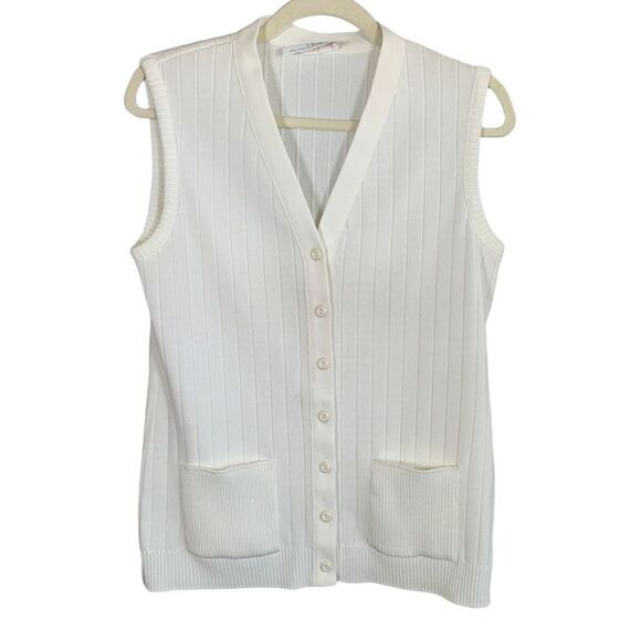 Vintage 70s Cardigan Sweater Vest Oatmeal Sleeveless Knit Vneck Button Front - Picture 1 of 9